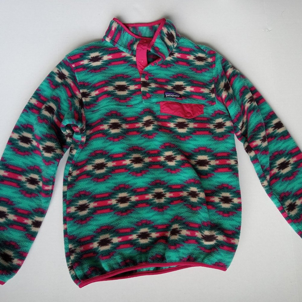 Patagonia Synchilla Wild Desert T Snap Pullover Fleece Green Pink Small